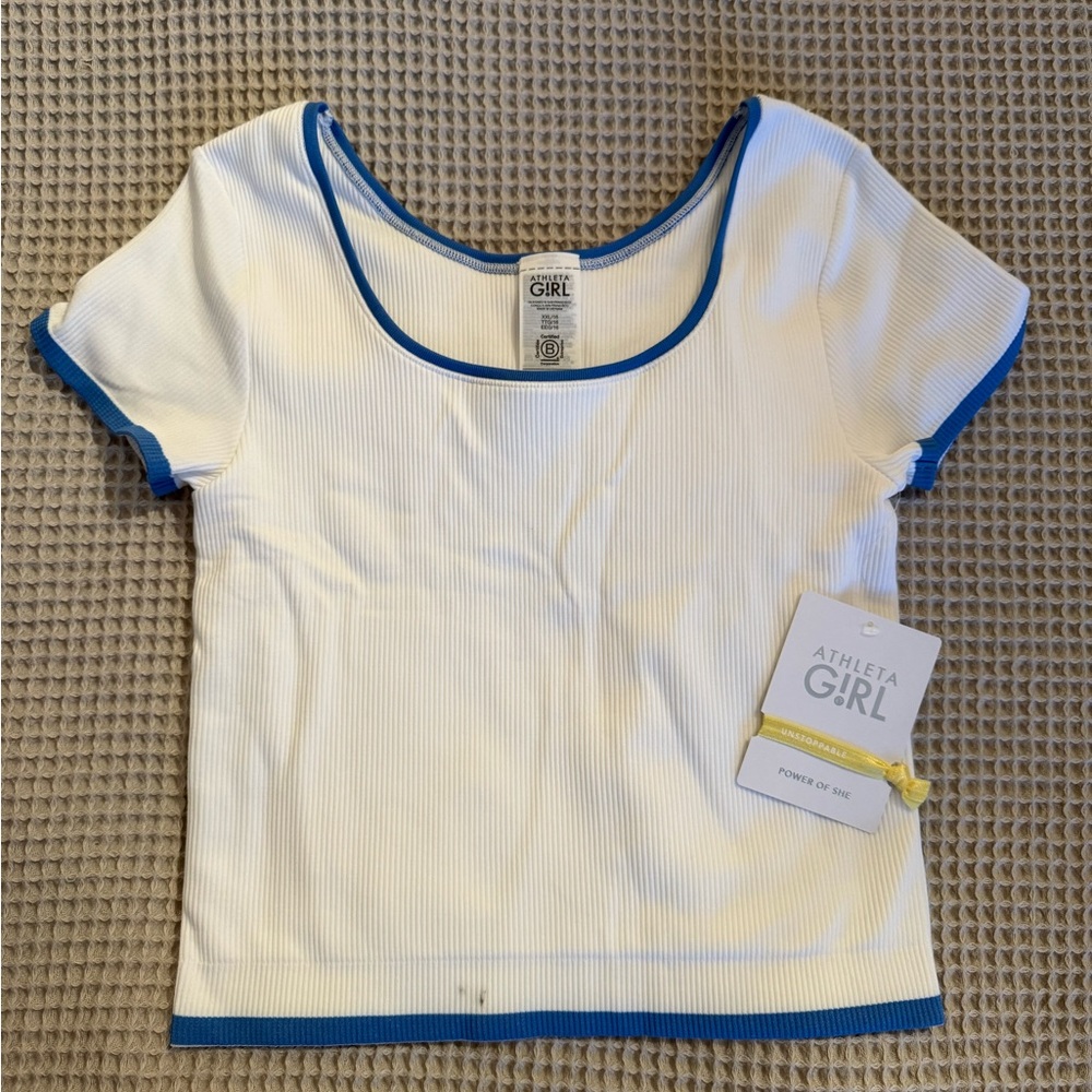 Athleta Girl White Tee with Blue Trim